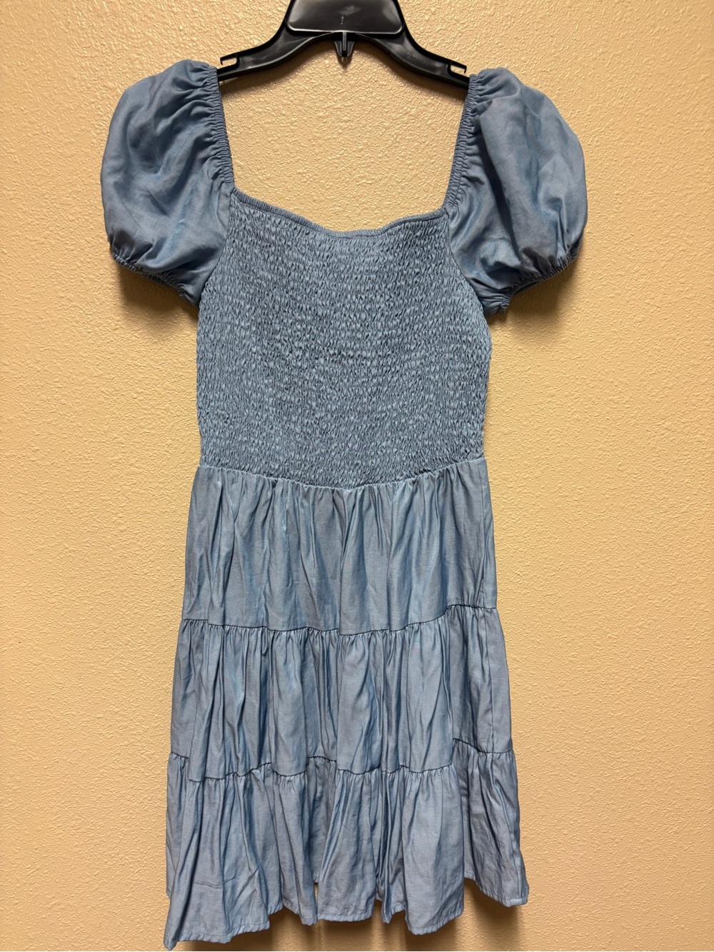 Justify Light Blue Smocked Puff Sleeve Tiered Dress